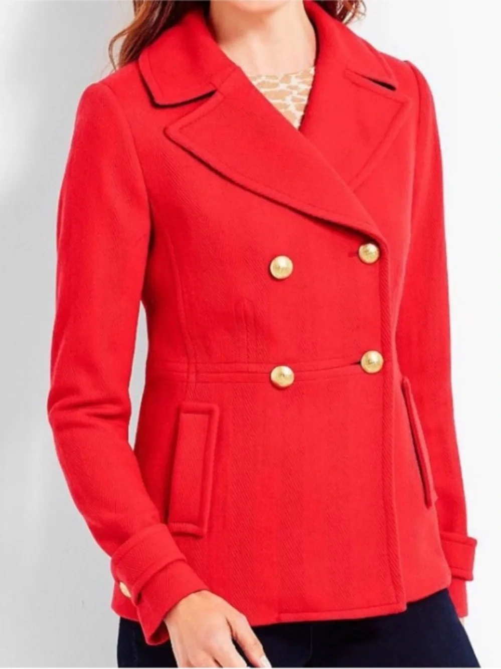 Talbots Double Breasted Pea Coat Persimmon Red 8 Petite Gold Buttons Classic